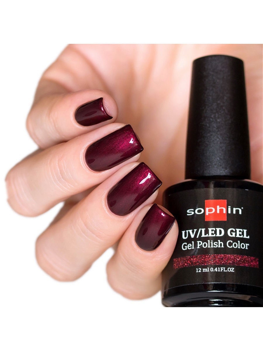 Raspberry - wine gel polish. Sophin 0742 MULBERRY. Spectacular glossy shine, bright shimmering color, stunning durability.