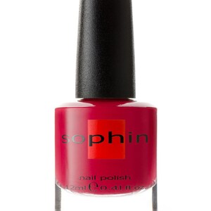 May include: A bottle of red nail polish with the brand name "sophin" printed on the label. The bottle is 12 ml or 0.41 fl oz.