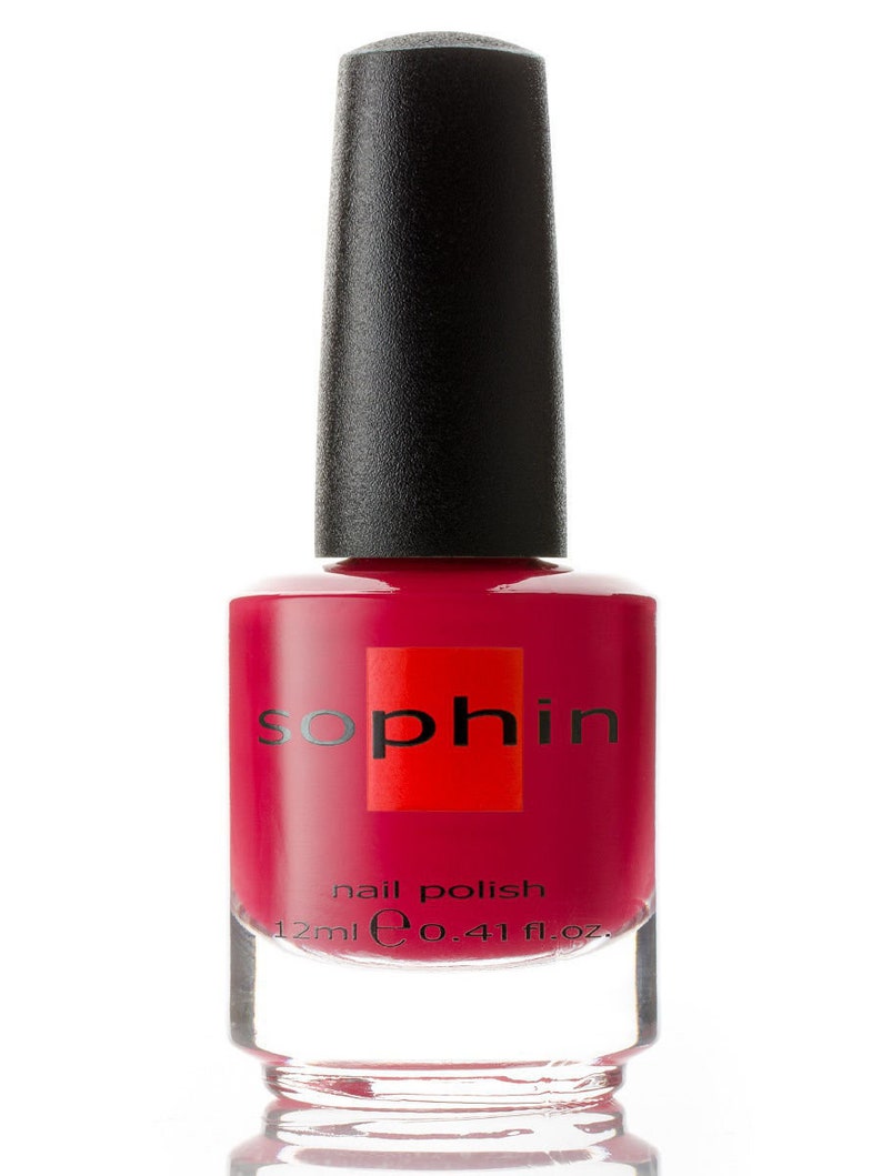 May include: A bottle of red nail polish with the brand name "sophin" printed on the label. The bottle is 12 ml or 0.41 fl oz.