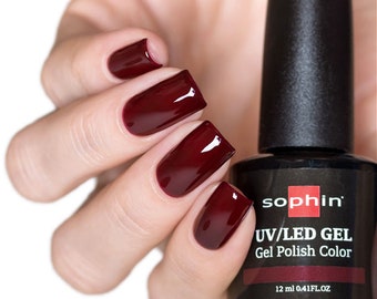 Burgundy gel polish. Sophin 0718 Cherry jam. Spectacular glossy shine, bright color, stunning durability.