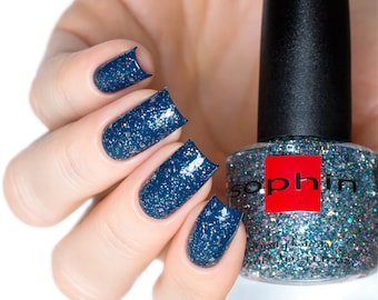 Special effect multicolour blue nail polish. Sophin 0329. sparkling top coat, festive glitter manicure.