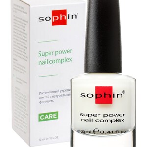 May include: A white bottle of nail strengthener with a black cap. The bottle is labeled "sophin® super power nail complex" and "12ml e 0.41 fl.oz.". The box is labeled "sophin super power nail complex" and "12 ml 0.41 fl.oz.".