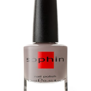 Grey-brown creamy nail polish gel effect. Sophin 0310. pastel beige manicure. vegan cosmetics. trendy nails. Shine finish