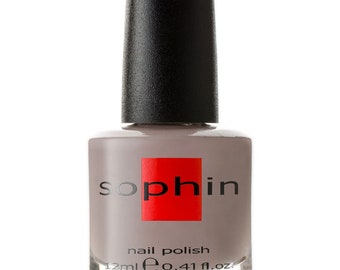 Grey-brown creamy nail polish gel effect. Sophin 0310. pastel beige manicure. vegan cosmetics. trendy nails. Shine finish