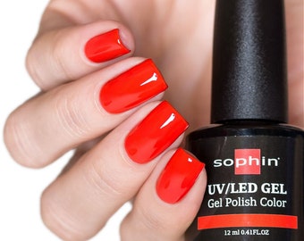 Bright orange red gel polish. Sophin 0717 Coral Red. Spectacular glossy shine, vibrant color, stunning durability.