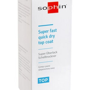 May include: White bottle of Sophin Super Fast Quick Dry Top Coat nail polish. The bottle is labeled with the brand name, product name, and instructions in English, German, and Russian. The bottle is 12 ml or 0.41 fl oz.