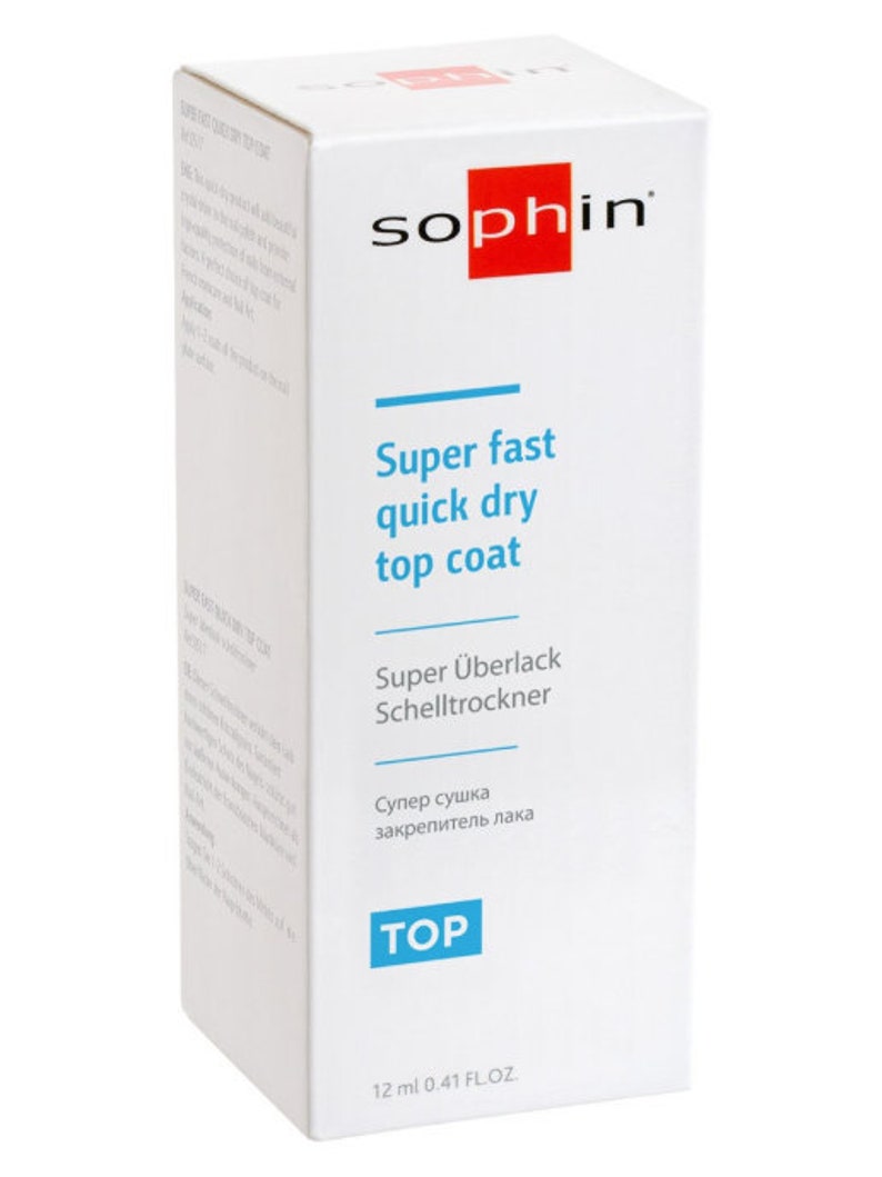 May include: White bottle of Sophin Super Fast Quick Dry Top Coat nail polish. The bottle is labeled with the brand name, product name, and instructions in English, German, and Russian. The bottle is 12 ml or 0.41 fl oz.