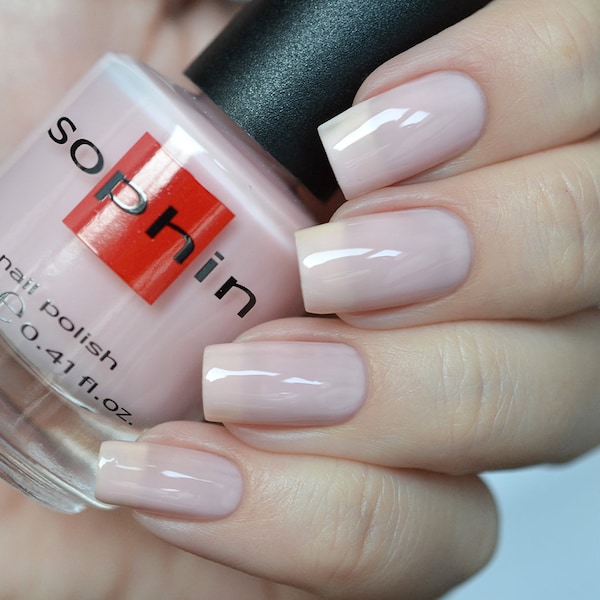 Pink translucent nail polish. Sophin 0007. naturel pastel color lacquer. cosmetics for natural nails. glossy finish. stylish manicure.