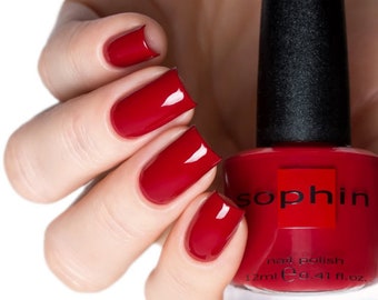 Classic red nail polish. Sophin 0027. high gloss nail polish. long-lasting finish. quick dry coating. Vegan cosmetics. Bright red nails.