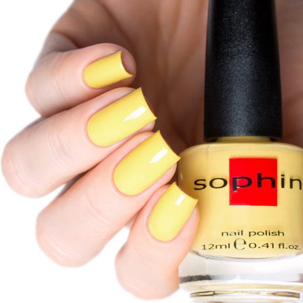 Bright yellow nail polish. Sophin 0068. For summer bright manicure. trendy nails. vegan cosmetics. High gloss shine finish.