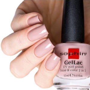 May include: A bottle of nude-coloured nail polish with the brand name "sophin" and the product name "GelLac UV nail polish base & colour 2 in 1" printed on the label. The bottle is 12 ml or 0.41 fl.oz.