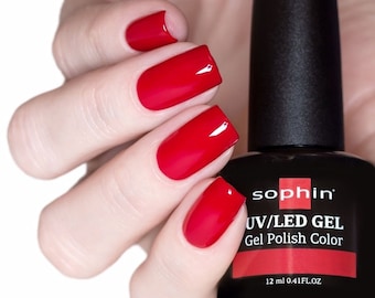 Vivid red gel polish. Sophin 0751 Strawberry. Spectacular glossy shine, bright color, stunning durability.