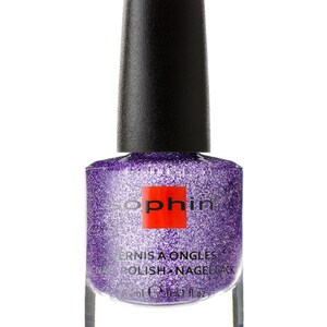 May include: A bottle of purple nail polish with a silver glitter finish. The bottle is labeled "Vernis a Ongles Polish Nagellack" and has a red square with the word "Sophin" on it.