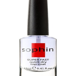 May include: A clear glass bottle of nail polish with a black cap. The bottle is labeled "Sophin Super Fast quick dry top coat 12ml e 0.41 fl.oz."