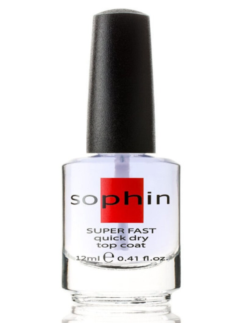 May include: A clear glass bottle of nail polish with a black cap. The bottle is labeled "Sophin Super Fast quick dry top coat 12ml e 0.41 fl.oz."