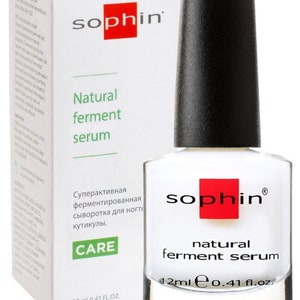 May include: A white bottle of Sophin Natural Ferment Serum nail care product with a red label. The bottle is 12 ml or 0.41 fl oz. The label says "Superactive Fermented Serum for Nails and Cuticles. Care."
