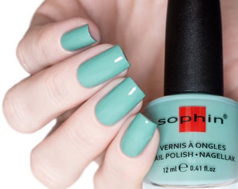 Dusty turquoise nail polish. Sophin 0238. dusty mint nail polish. shine manicure. high gloss nail polish. vegan cosmetics