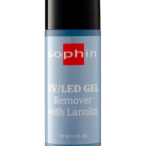 Sophin Remover with lanolin. Liquid removes the gel polish quickly and safely from the natural nails.