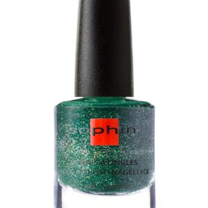 Puede incluir: Una botella de esmalte de u&ntilde;as verde con un acabado de brillo plateado. La botella tiene una tapa negra y una etiqueta roja con la palabra "sophin" en ella. La botella est&aacute; etiquetada "Vernis a Ongles Nail Polish Nagellack".