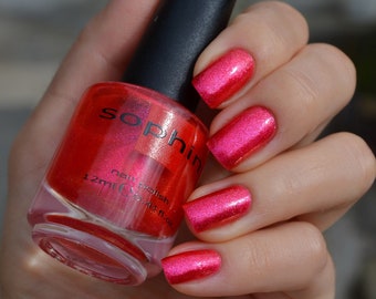 Shimmering coral red nail polish. Sophin 0175 . Bright sparkling manicure finish. For trendy look nails. Must have for parties.