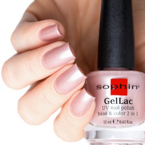 Op de afbeelding: Een flesje roze nagellak met een metallic finish. Het flesje is gelabeld "sophin GelLac UV nagellak basis & kleur 2 in 1 12 ml 0.41 fl.oz."