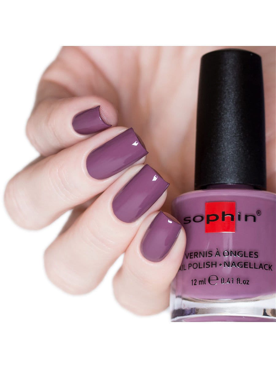 Lilac-plum nail polish gel effect. Sophin 0309. Dusty purple shade. Sophisticated manicure. Natural nails. Shine finish. For any occasion.