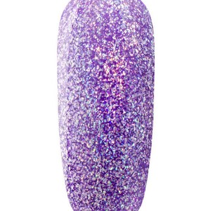 May include: A bottle of purple glitter nail polish with iridescent shimmer.