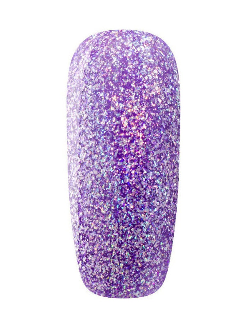 May include: A bottle of purple glitter nail polish with iridescent shimmer.