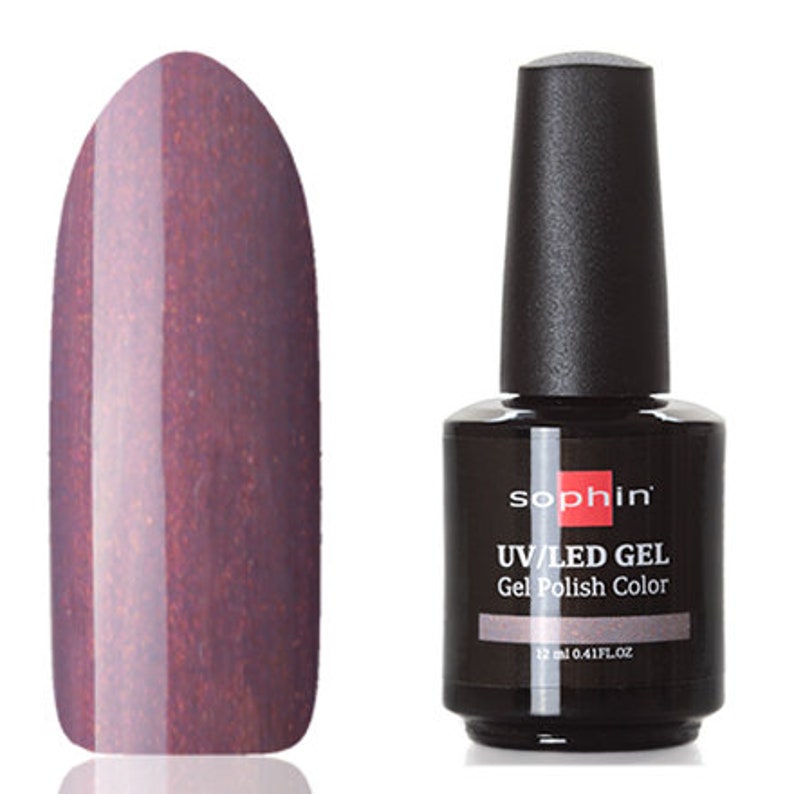 May include: A bottle of Sophiin UV/LED Gel Gel Polish Color nail polish in a shimmery purple shade. The bottle is 12 ml (0.41 fl oz).