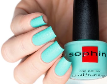 Turquoise sand effect nail polish. Sophin 0289. mint - light blue color. trendy manicure. vegan cosmetics. for natural nails.