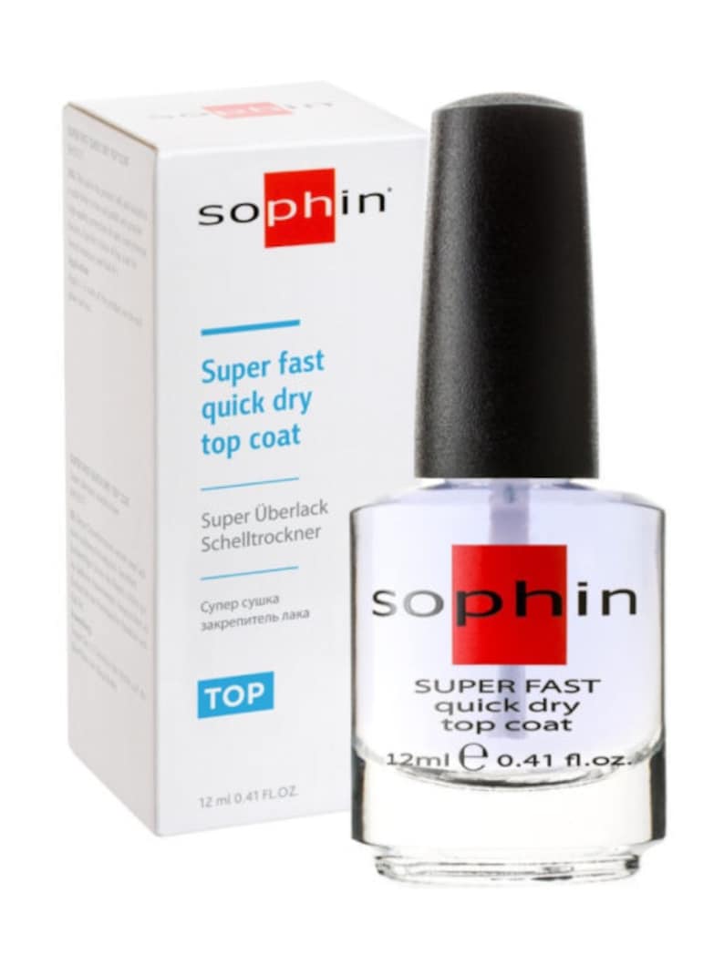 May include: A clear glass bottle of "sophin" Super Fast Quick Dry Top Coat nail polish. The bottle is 12 ml or 0.41 fl oz. The bottle has a red and white label with the brand name and product description.