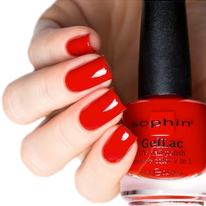 May include: A red nail polish bottle with the brand name "sophin®" and the product name "GelLac UV nail polish base & color 2 in 1". The bottle is 12 ml or 0.41 fl.oz. A hand with red nail polish is holding the bottle.