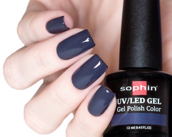 Dark gray gel polish. Sophin 0759 BLACKENED BLUE. Spectacular glossy shine, deep grey color with blue undertone, stunning durability.