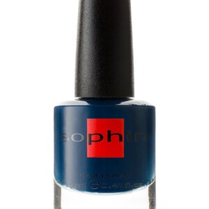 May include: A dark blue nail polish bottle with a black cap and a red label that says "sophin" and "nail polish".