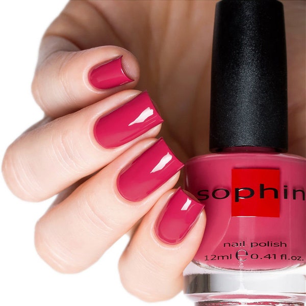 Bright dark pink nail polish. Sophin 0039. Smooth glossy finish. Beautiful elegant color. Creamy texture. For any season. For natural nails.