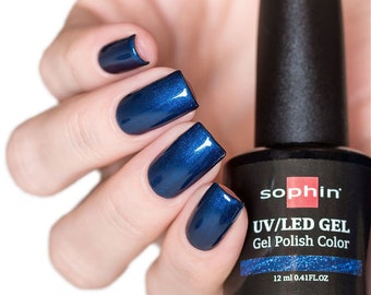 Shimmering dark blue gel polish. Sophin 0716 SAPPHIRE. Spectacular glossy shine, bright color, stunning durability.