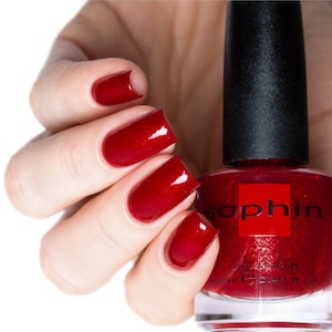 Red glitter nail polish. Sophin 0214. bright lacquer. For sparkling long-lasting trendy manicure. vegan cosmetics. Safe for your nails.