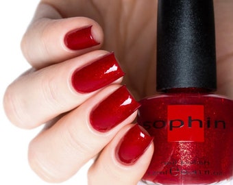 Red glitter nail polish. Sophin 0214. bright lacquer. For sparkling long-lasting trendy manicure. vegan cosmetics. Safe for your nails.