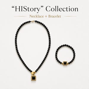May include: A jewellery set from the HIStory Collection featuring a necklace and bracelet made of round black beads. The necklace includes a gold-toned square pendant with a black centre, and the bracelet features a matching square gold-toned charm.