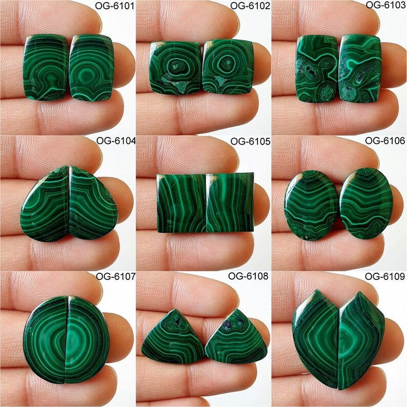 May include: Nine pairs of green malachite cabochons, each pair is a different shape, including heart, oval, square, and triangle. The cabochons are polished and have a smooth, glossy finish.
