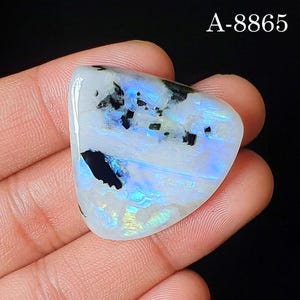 May include: A polished, triangular moonstone cabochon featuring a translucent white base with iridescent blue flashes and distinct black mineral inclusions. The stone displays the text A-8865 in the upper right corner against a dark background.
