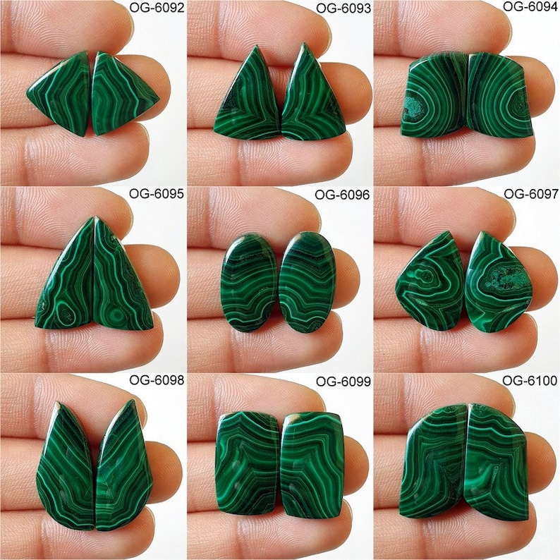 May include: Nine pairs of green malachite cabochons in various shapes, including oval, triangle, and teardrop. Each pair is labeled with a unique code, such as OG-6092, OG-6093, and OG-6094.