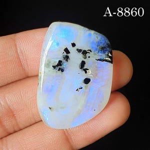 May include: A polished, shield-shaped moonstone cabochon featuring a translucent white base with a vibrant blue adularescence and scattered black mineral inclusions. The stone is marked with the text A-8860 in the upper right corner.