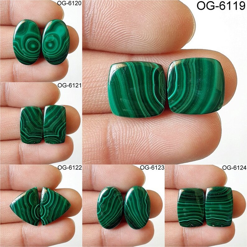 May include: Set of two green malachite cabochons, each with a unique swirling pattern. The stones are oval, square, and rectangular in shape.