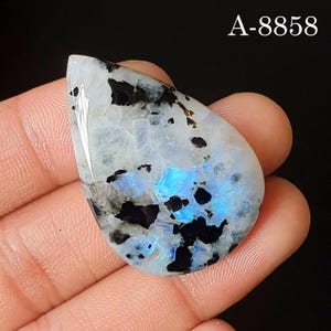 May include: A pear-shaped moonstone cabochon featuring a translucent white base with iridescent blue flashes and distinct black inclusions. The stone displays the text A-8858 in the upper right corner, showcasing a polished surface and natural mineral patterns.