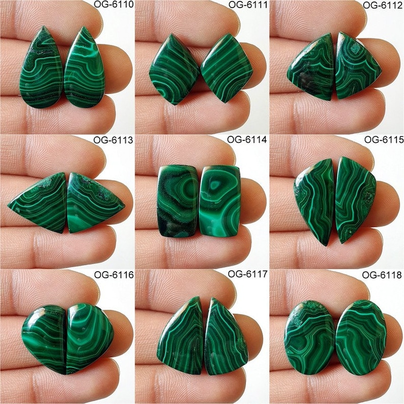 May include: Nine pairs of green malachite cabochons, each pair is a different shape, including teardrop, square, rectangle, heart, and triangle.