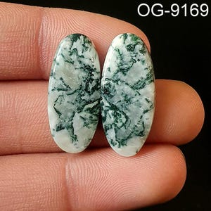Könnte beinhalten: Zwei ovale, grüne und weiße Achat-Cabochons mit einem wirbelnden Muster. Die Cabochons sind etwa 2,5 cm lang.