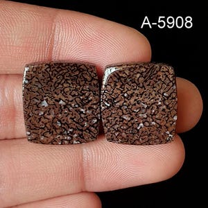 May include: Two square-cut gemstones with a brown and black patterned design. The gemstones have a polished surface and a unique, organic appearance. The text "A-5908" is visible in the upper right corner. These gemstones are ideal for jewelry making.
