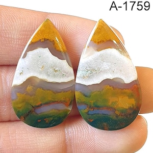 May include: Two teardrop-shaped agate cabochons with a layered pattern of white, yellow, green, and brown. The cabochons are polished and have a smooth, glossy finish. A-1759