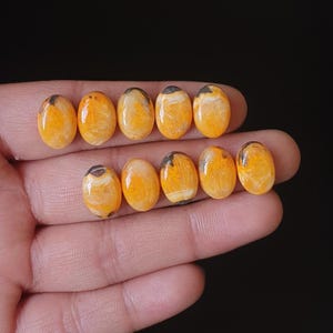 Pode incluir: Uma mão segurando nove pedras preciosas ovais. As pedras são principalmente laranja com inclusões pretas e brancas. As pedras polidas têm uma superfície lisa e refletem a luz. Fundo escuro.